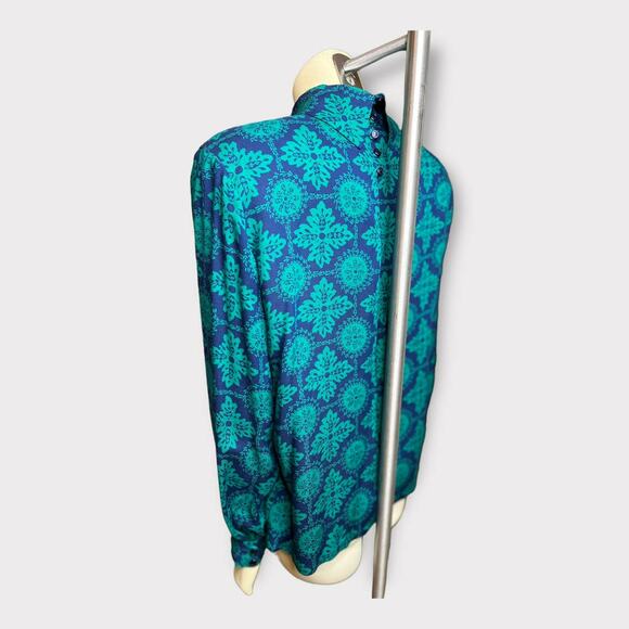 Vintage Pendleton Navy Green Button Neck Blouse - Picture 3 of 5